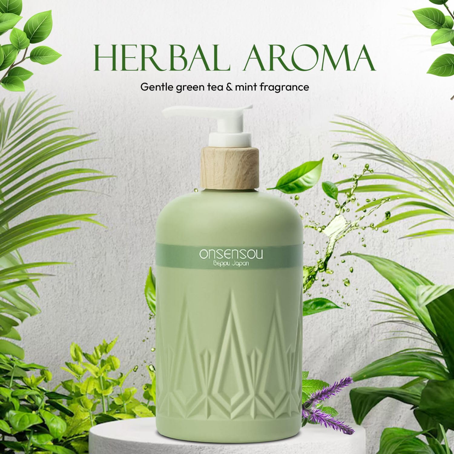 Green bottle with bamboo design labeled 'onsensou' surrounded by green leaves and plants on a light gray background.