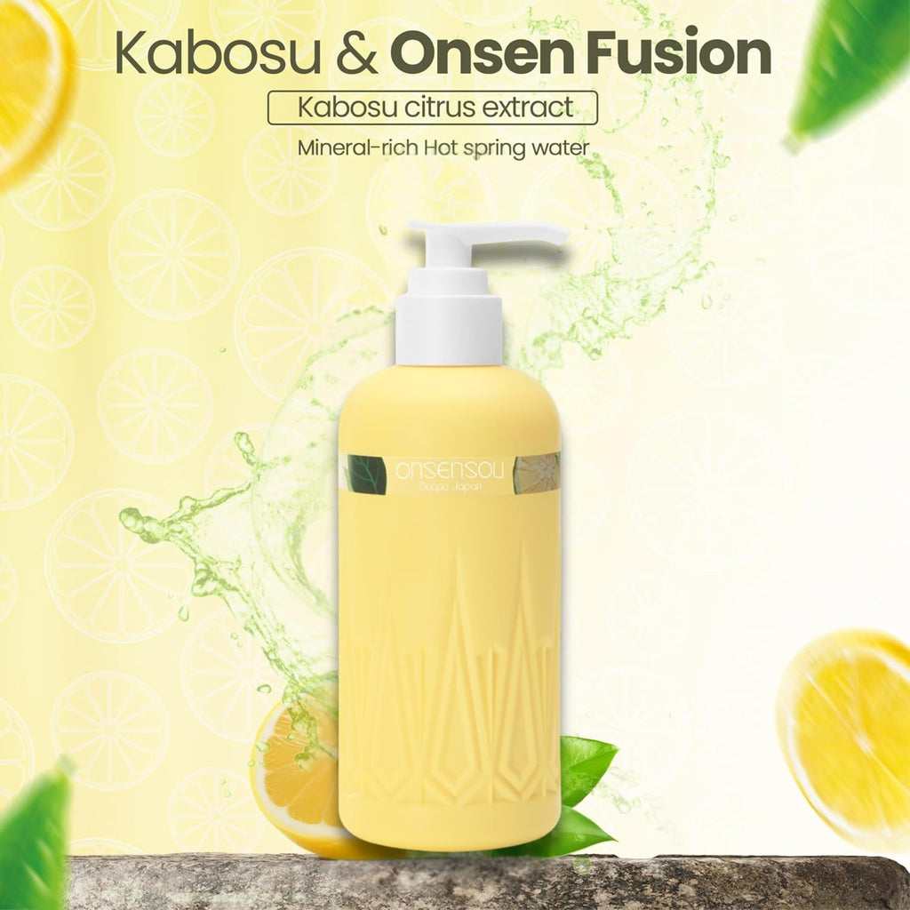 A bottle of OnsenuS Kabosu & Onsen Fusion bath product, featuring a pale yellow body with a white pump dispenser, set against a light yellow background decorated with lemon slices, green leaves, and water splashes.