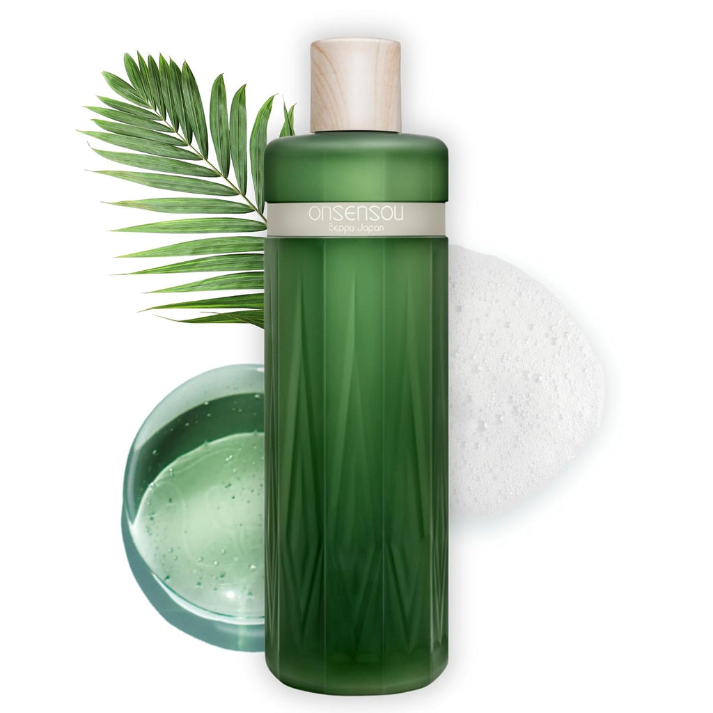 Green skincare bottle with a leaf on a white background