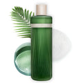 Green skincare bottle with a leaf on a white background